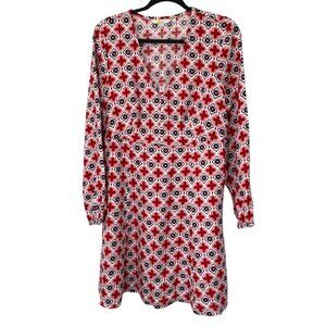 Boden Mini Dress Womens 10 White Blue Red Geometric Patterned 100% Linen Pockets